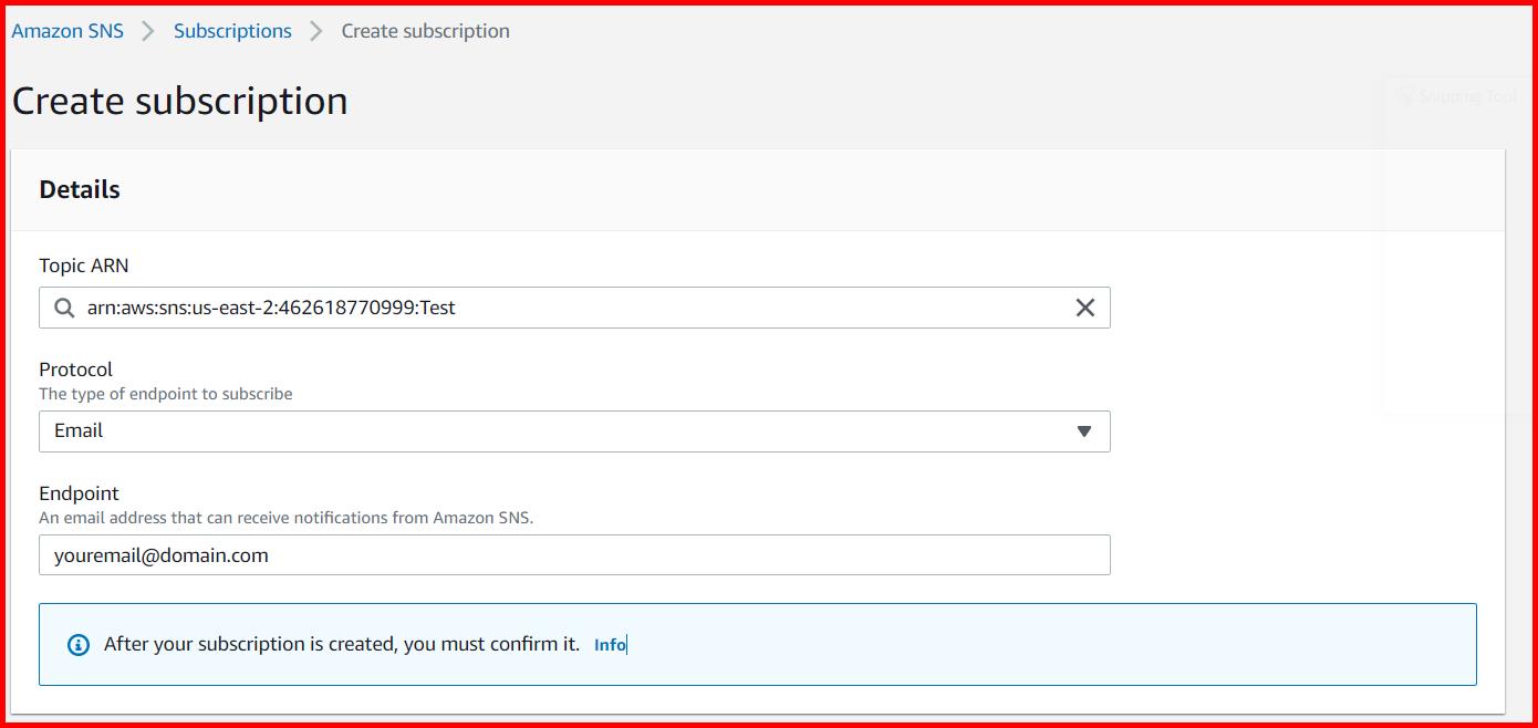 Picture showing the Create Subscription Screen in AWS console